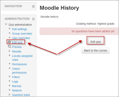 moodle creation of quiz