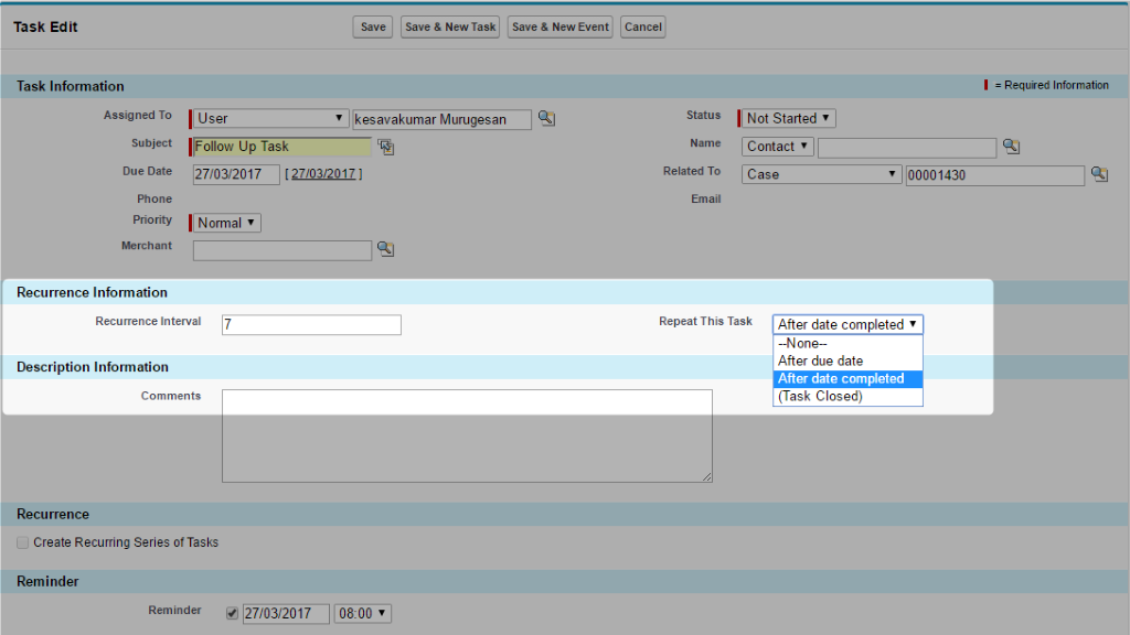 salesforce recurrence task